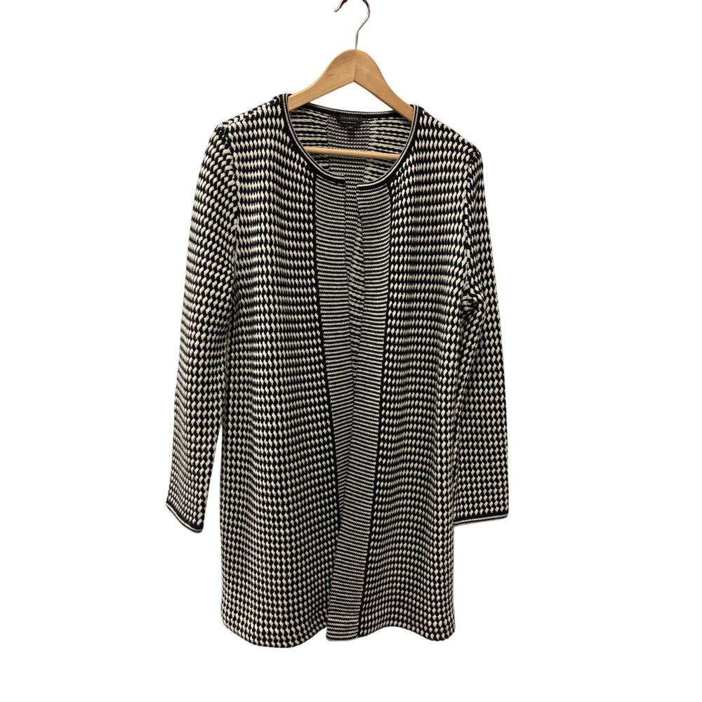 Talbots Pure Merino Wool Open-Front Long Cardigan Black White Sz Large